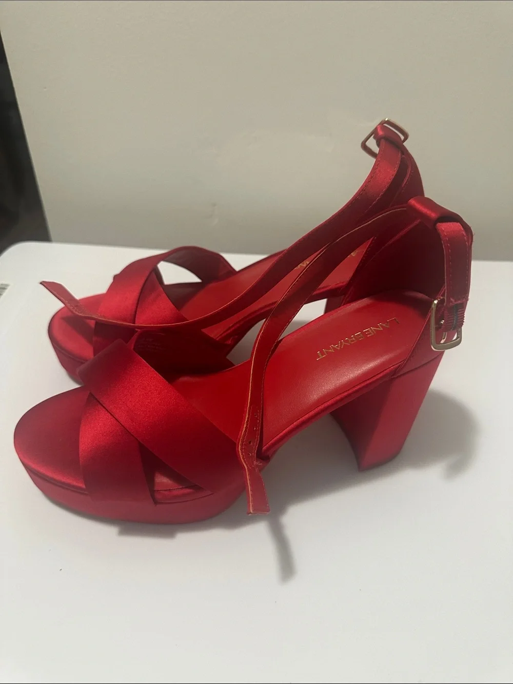 Red Satin Cross-Strap Women's Heels